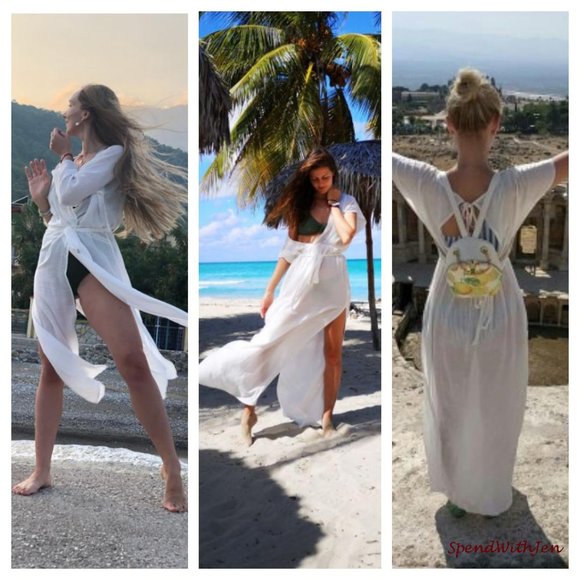 Flowy Boho Front Slit White Beach Swim Coverup - Picture 5 of 7